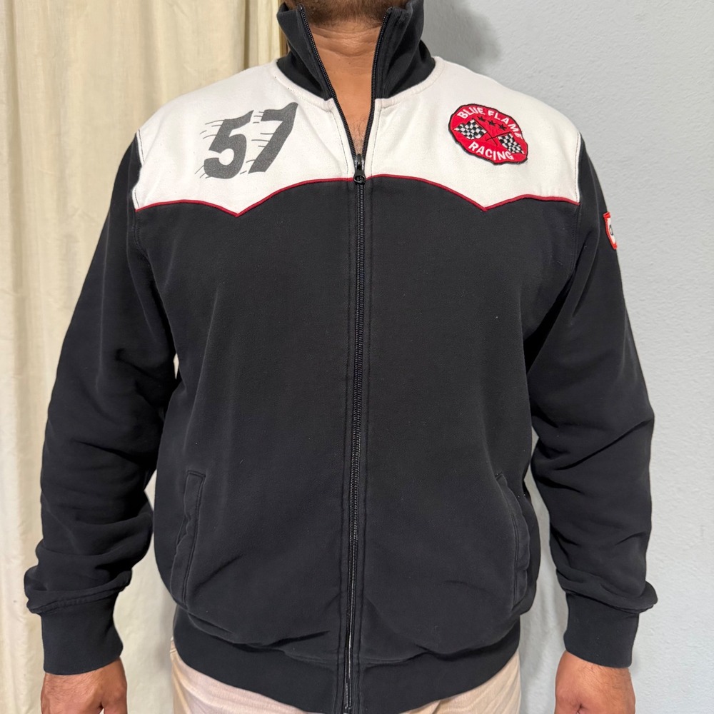 Lucky Brand Mens XL Jacket Blue Flame Racing #57 Black Motor City Full Zip Track